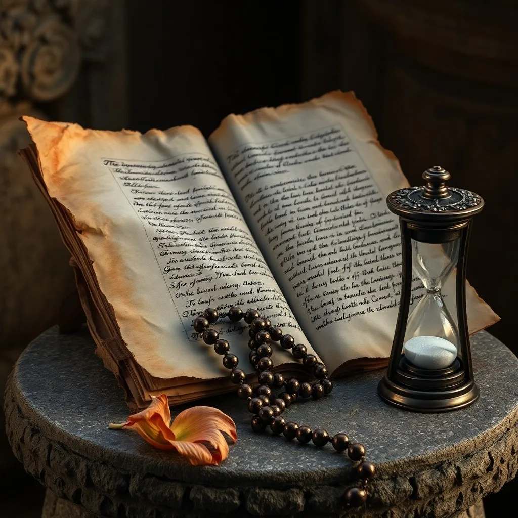 Fotografía cinematográfica de un reloj de arena antiguo con la arena detenida, junto a un libro de profecías desgastado con páginas arrancadas sobre una mesa de madera oscura, iluminado por una luz dramática.