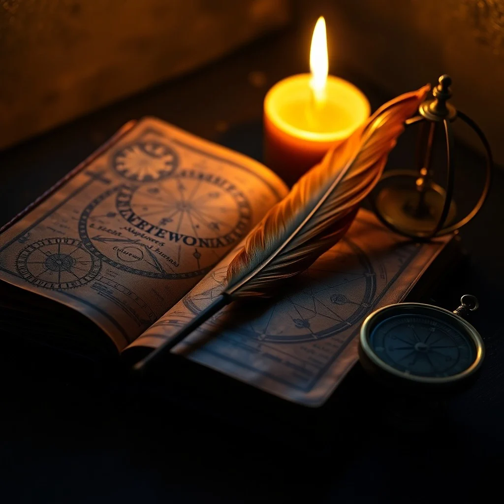 Still life photo of an open journal, vintage compass, and a map, symbolizing travel and philosophical thought.