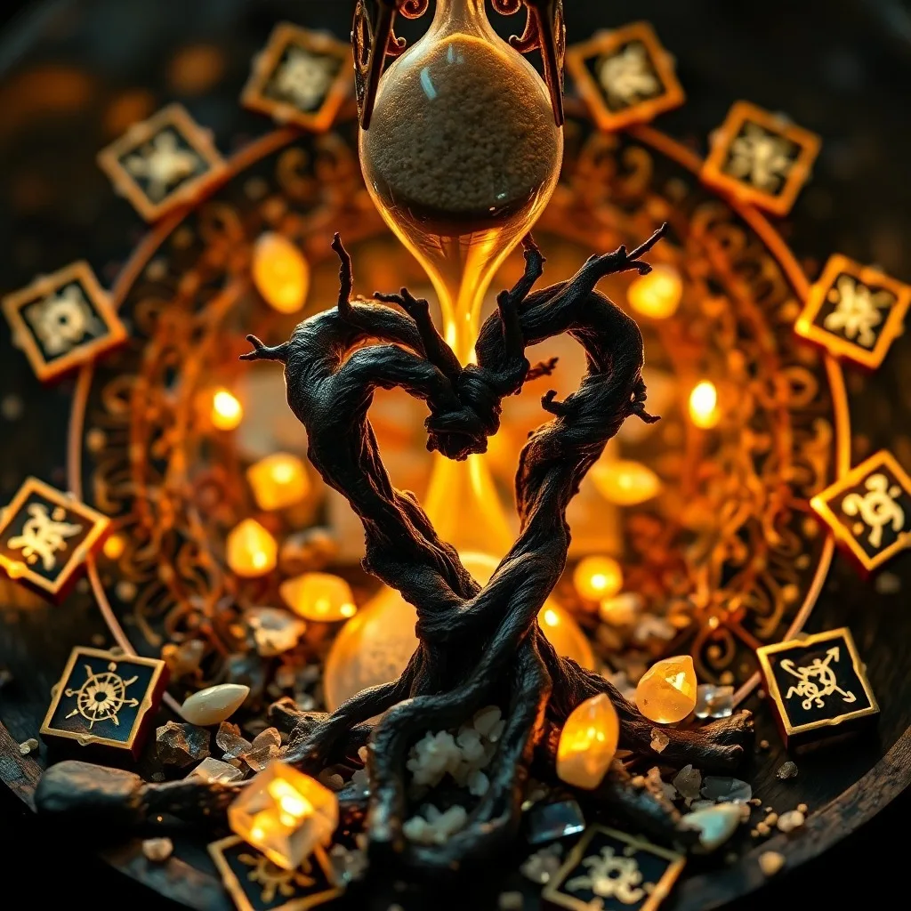 Un pergamino antiguo y desgastado se despliega revelando símbolos luminosos de interconexión y destino, sobre una mesa de madera oscura y pulida. Alrededor, piedras de río lisas y una pluma delicada, todo bañado por una luz misteriosa.