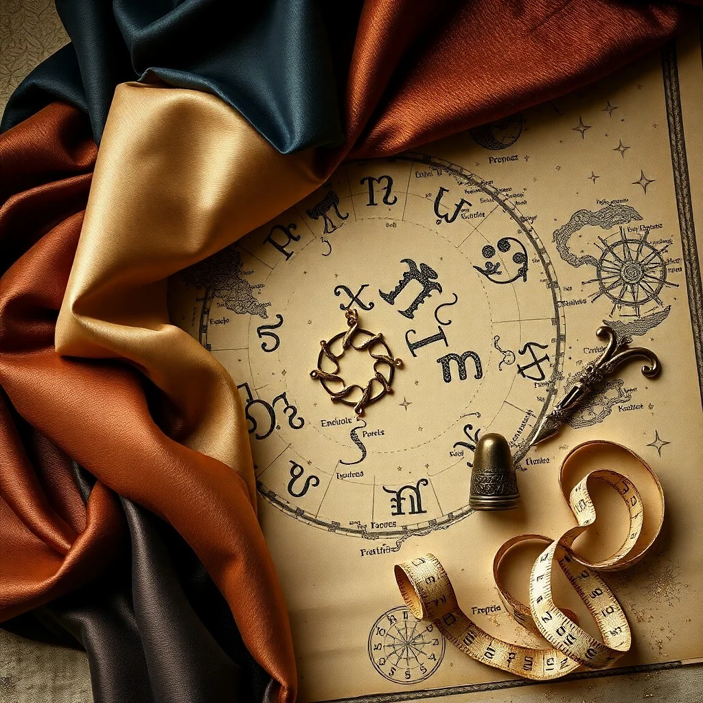 Pintura de acuarela de un vibrante tablero de estado de ánimo con muestras de tela en varias texturas (terciopelo, lino, seda), junto a representaciones abstractas de símbolos planetarios y constelaciones zodiacales, pinceles y salpicaduras de pintura, composición artística, luz natural.