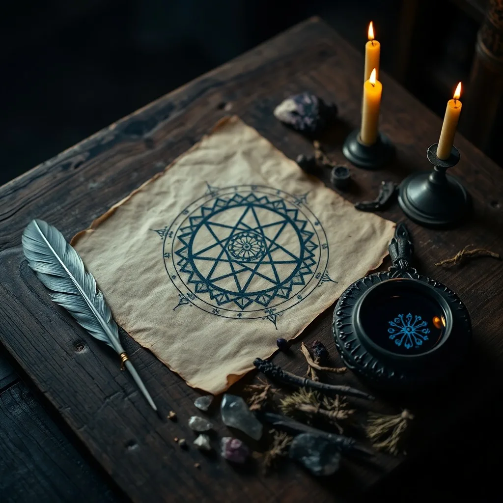 An antique grimoire with sigils, a flickering candle, and scattered herbs, symbolizing ancient magical practices.