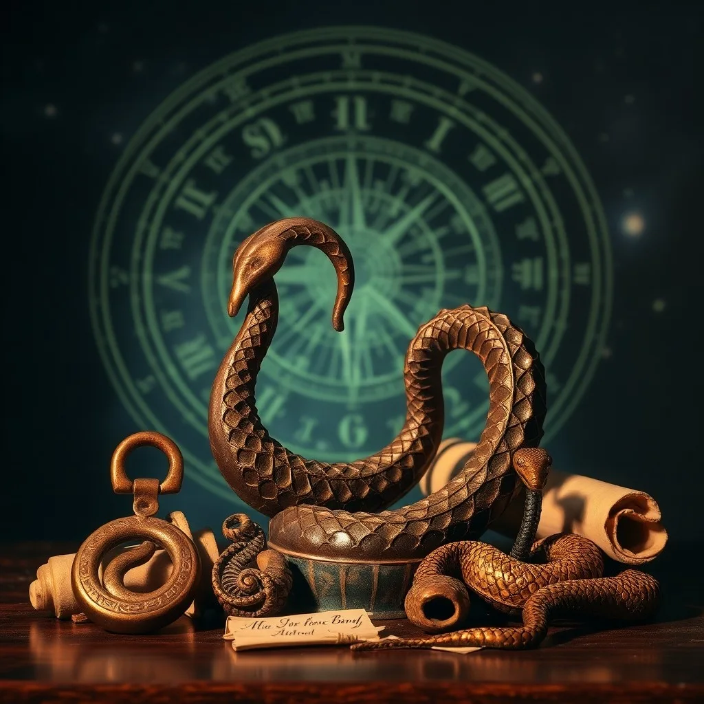 Ilustración 3D de un ouroboros brillante alrededor de un árbol cósmico con símbolos culturales, representando la eternidad y la transformación.
