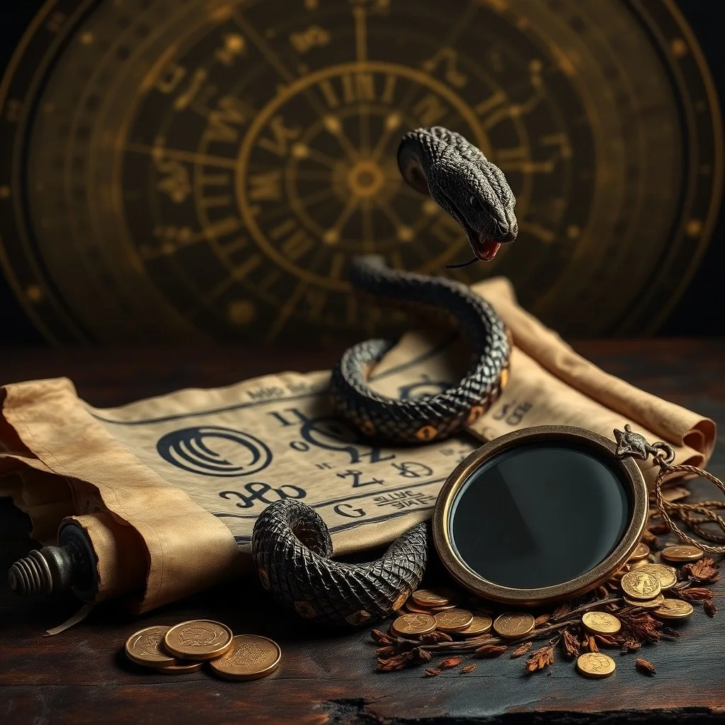 Pintura de acuarela de una serpiente mudando su piel, rodeada de flores de loto y pergaminos antiguos, simbolizando renovación y conocimiento.