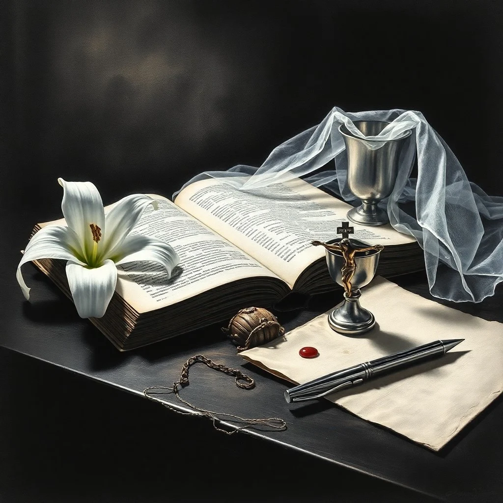 Pintura al óleo de un lirio blanco entrelazado con una corona de espinas sobre un pergamino antiguo, simbolizando la pureza de María y la pasión de Cristo.