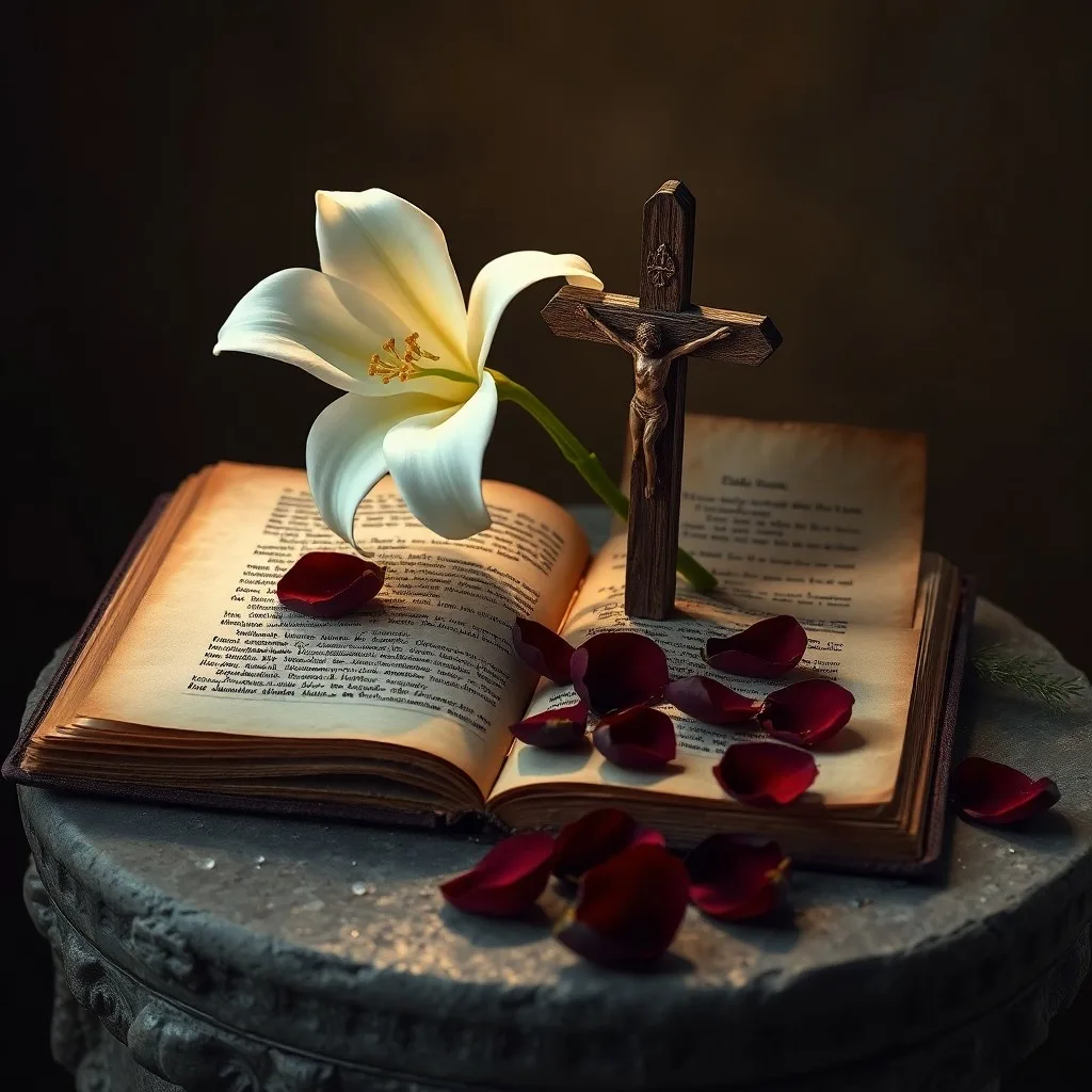 Ilustración 3D de un cáliz dorado rebosante de luz sobre un altar de piedra, envuelto en un velo translúcido, simbolizando la intercesión de María.