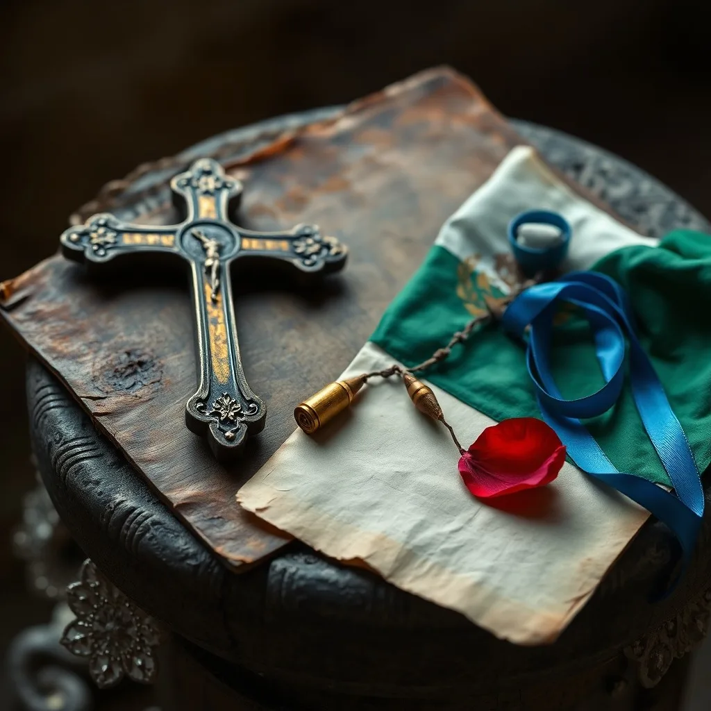 Una biblia antigua abierta, un crucifijo de metal oxidado y recortes de periódicos amarillentos sobre un escritorio de madera, bajo una luz dramática.