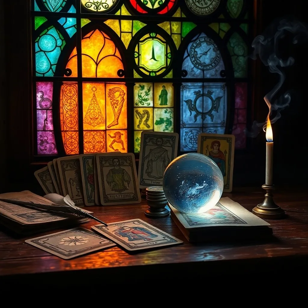 An antique, leather-bound book titled 'Arcana Mundi' open on a dark wooden table, revealing hand-drawn esoteric diagrams and astrological symbols, illuminated by a flickering beeswax candle.