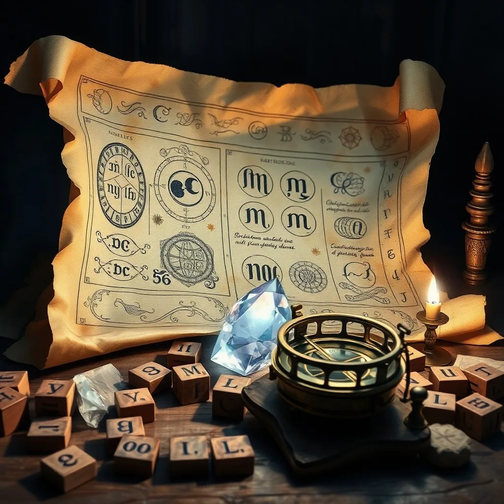 Vintage photograph still life of an antique brass compass resting on an open, aged numerology book, surrounded by scattered metallic alphabet blocks and old parchment scrolls, with soft diffused lighting.