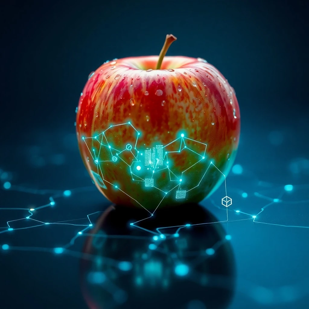 Arte conceptual de una lupa sobre un microchip incrustado en una manzana fresca, mostrando patrones de circuitos.