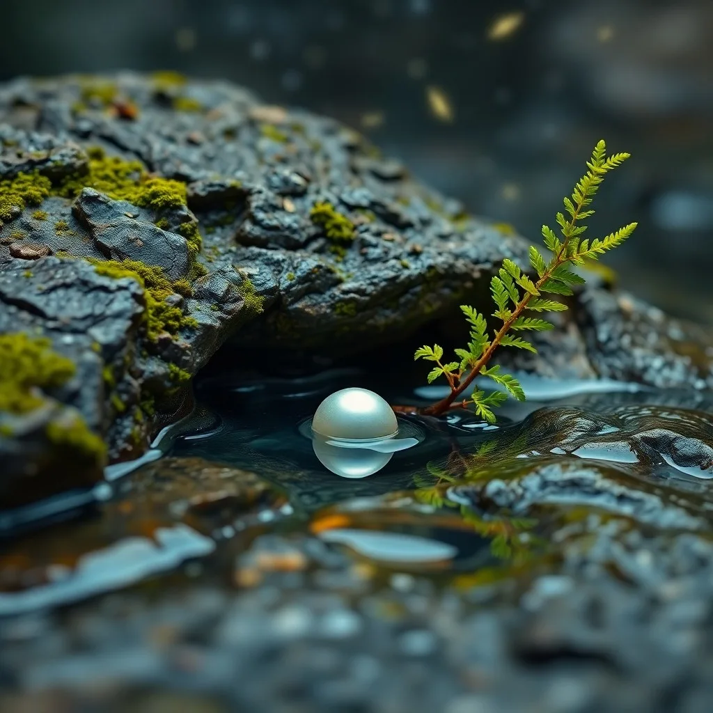 Cáliz de madera con agua en un altar de piedra con musgo, luz tenue