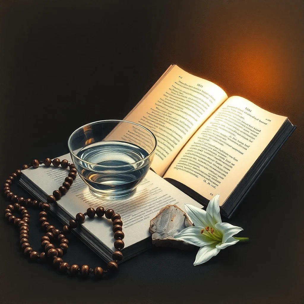 Fotografía de un rosario antiguo sobre un diario de oración, con una vela encendida y un crucifijo, evocando meditación y espiritualidad.