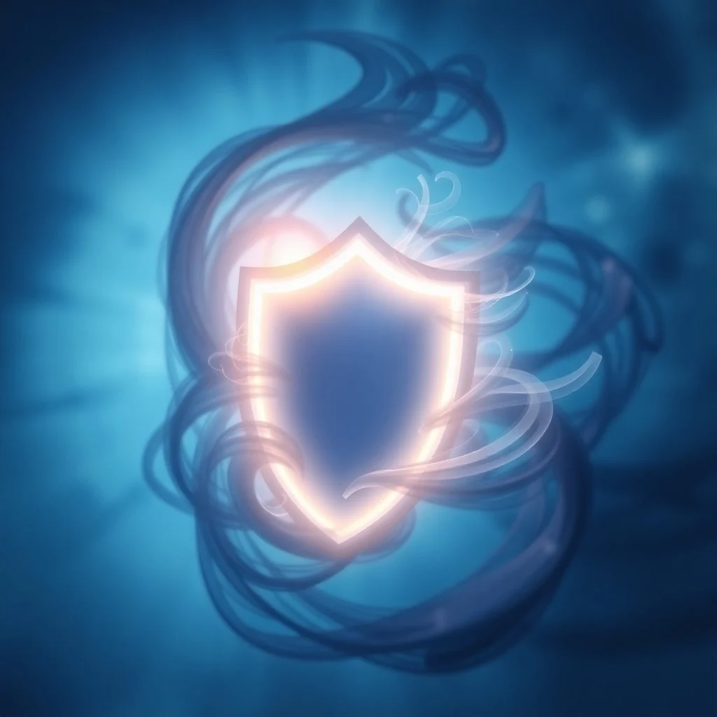Un escudo de luz brillante y protectora, con un diseño abstracto que evoca seguridad y paz, disipando sombras oscuras a su alrededor. Simboliza la protección espiritual de San Alejo.