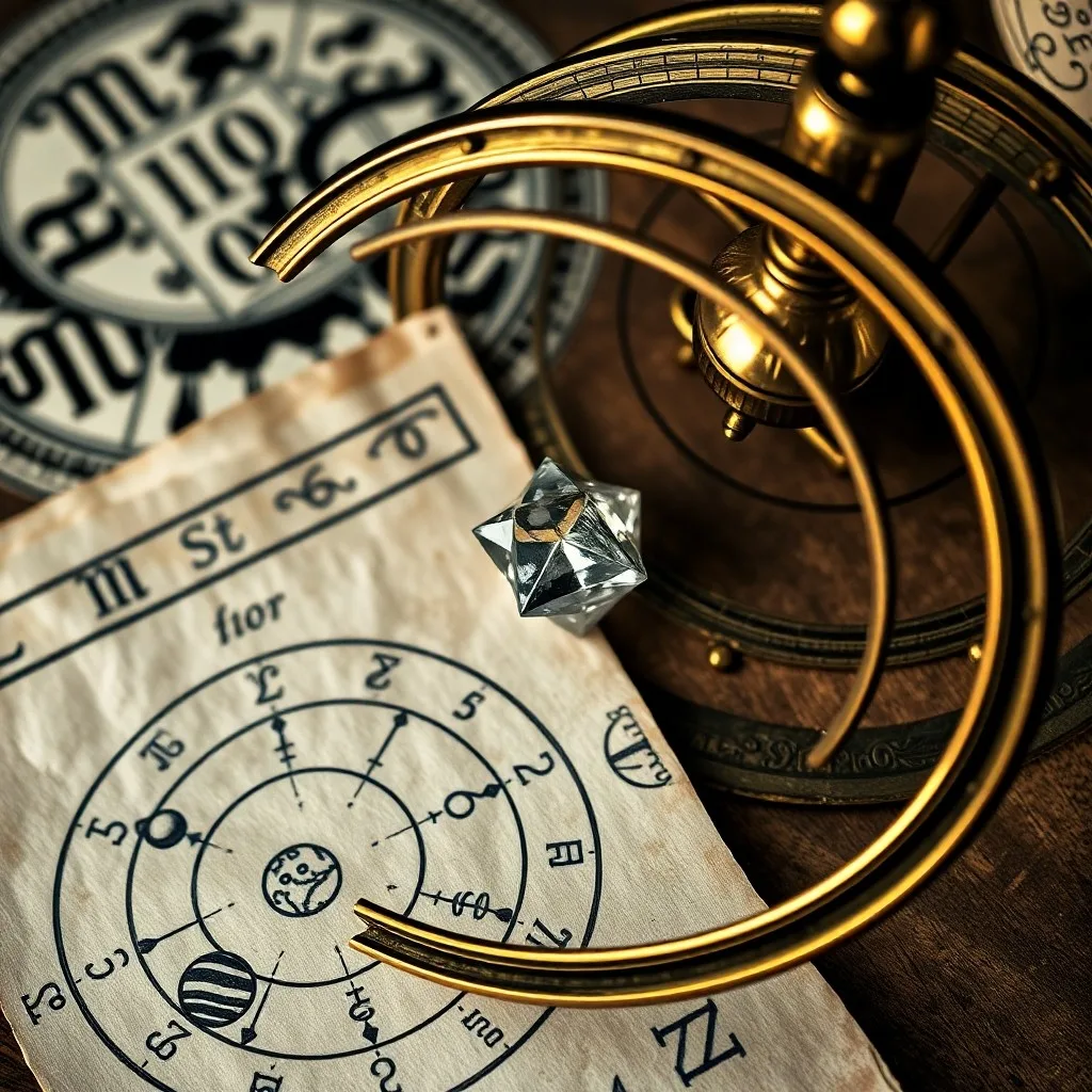 An ancient, weathered parchment scroll unrolled on a dark, polished wooden desk, displaying complex astrological symbols, planetary glyphs, and house divisions. A quill pen and an antique compass rest beside it. Soft, directional light highlights the textures.