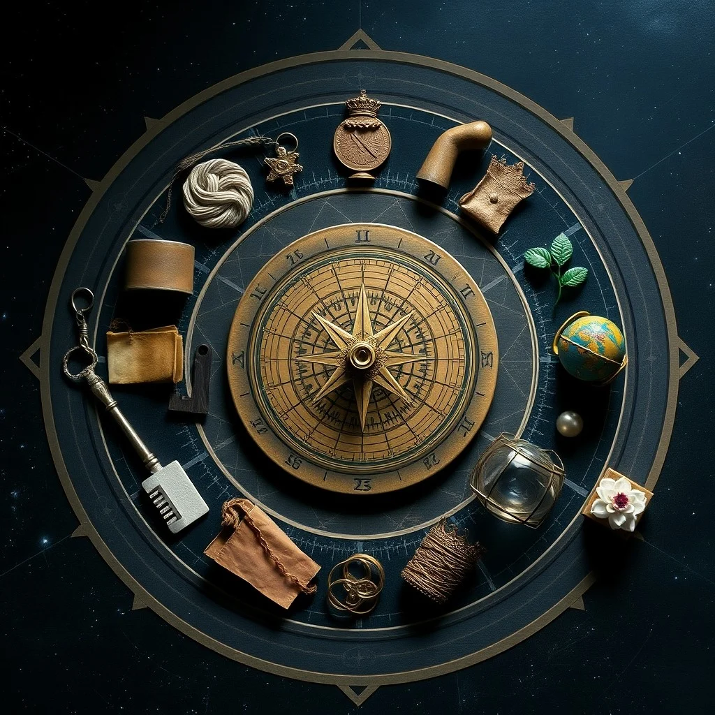 Cinematic still life photograph of an antique brass astrolabe on a velvet desk, surrounded by old leather-bound astrology books and a quill, under soft, dramatic window light with visible dust motes.