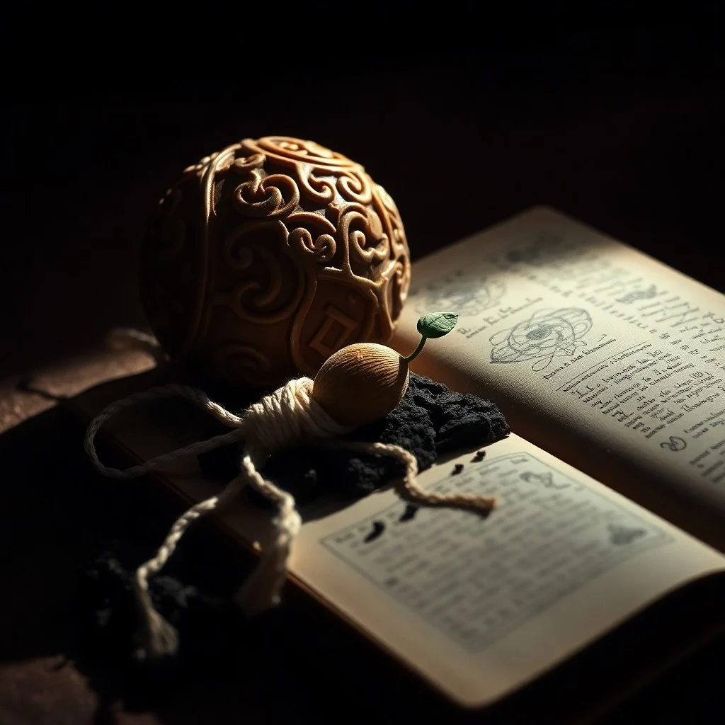 Vintage photography, extreme close-up macro photography of an aged, leather-bound journal open to a page filled with intricate hand-drawn astrological glyphs and faded handwritten notes, resting on a dark wooden desk. A single, antique brass compass lies beside it, symbolizing guidance through karmic paths and past life connections.