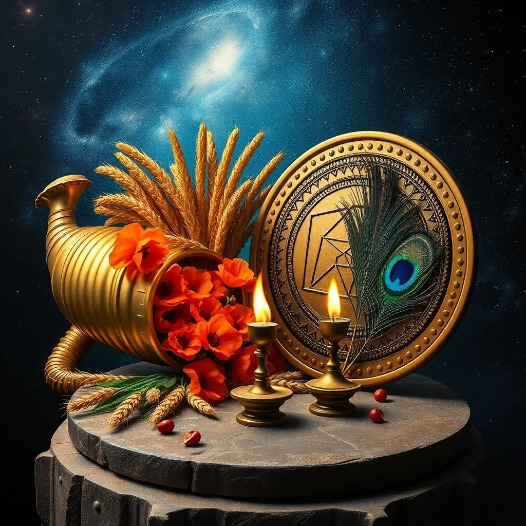 A still life depicting ancient scrolls and a bronze owl figurine resting on a polished wooden desk. Beside them, a small, intricately designed shield leans against a stack of leather-bound books. The scene is illuminated by the soft glow of a nearby oil lamp, emphasizing wisdom, strategy, and intellectual pursuit.