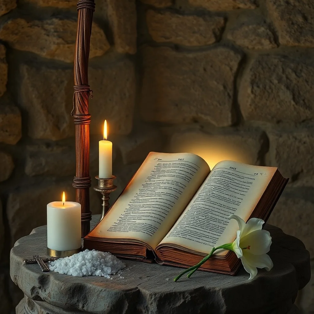 Fotografía de bodegón de un pergamino antiguo con escritura latina, una vela de cera de abeja y un soporte de hierro, evocando la vida ascética de San Alejo.
