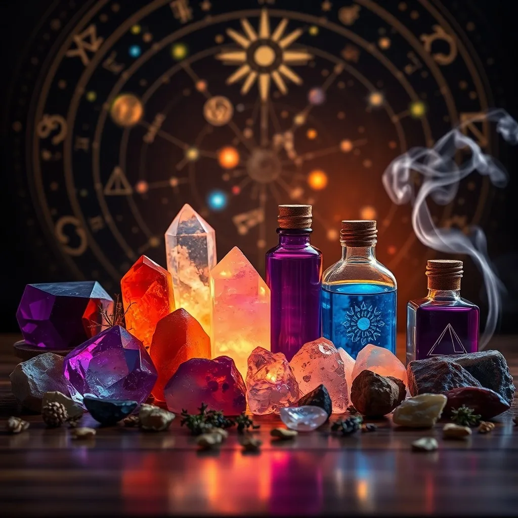 Una colección de cristales curativos en bruto, incluyendo amatista, cuarzo rosa y cuarzo transparente, dispuestos sobre una superficie de obsidiana oscura, con una luz etérea que crea sombras intrincadas. Una pequeña botella de vidrio artesanal con líquido claro se encuentra al lado.