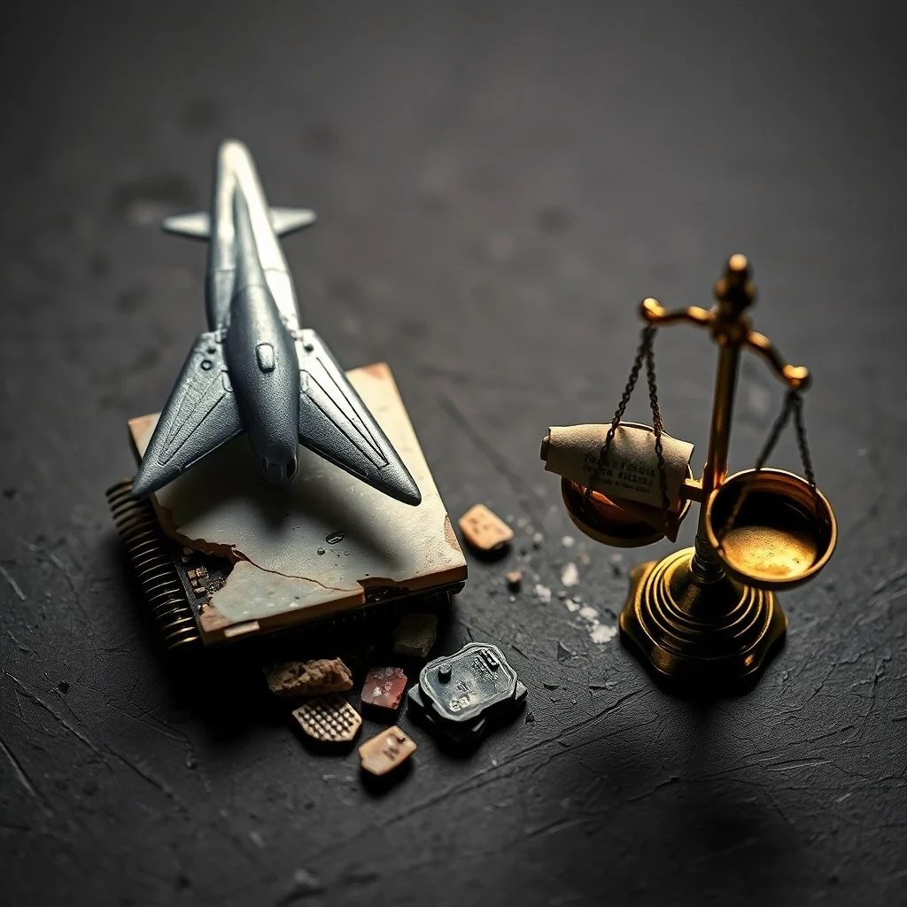 Fotografía cinemática de un libro de leyes abierto junto a una escultura de ala de avión en un escritorio de madera.