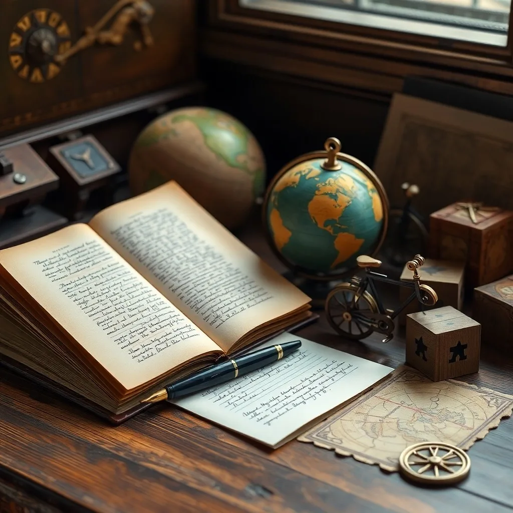 Cinematic still life of an antique typewriter with a half-written letter, surrounded by scattered books and a vintage local map, bathed in soft light.