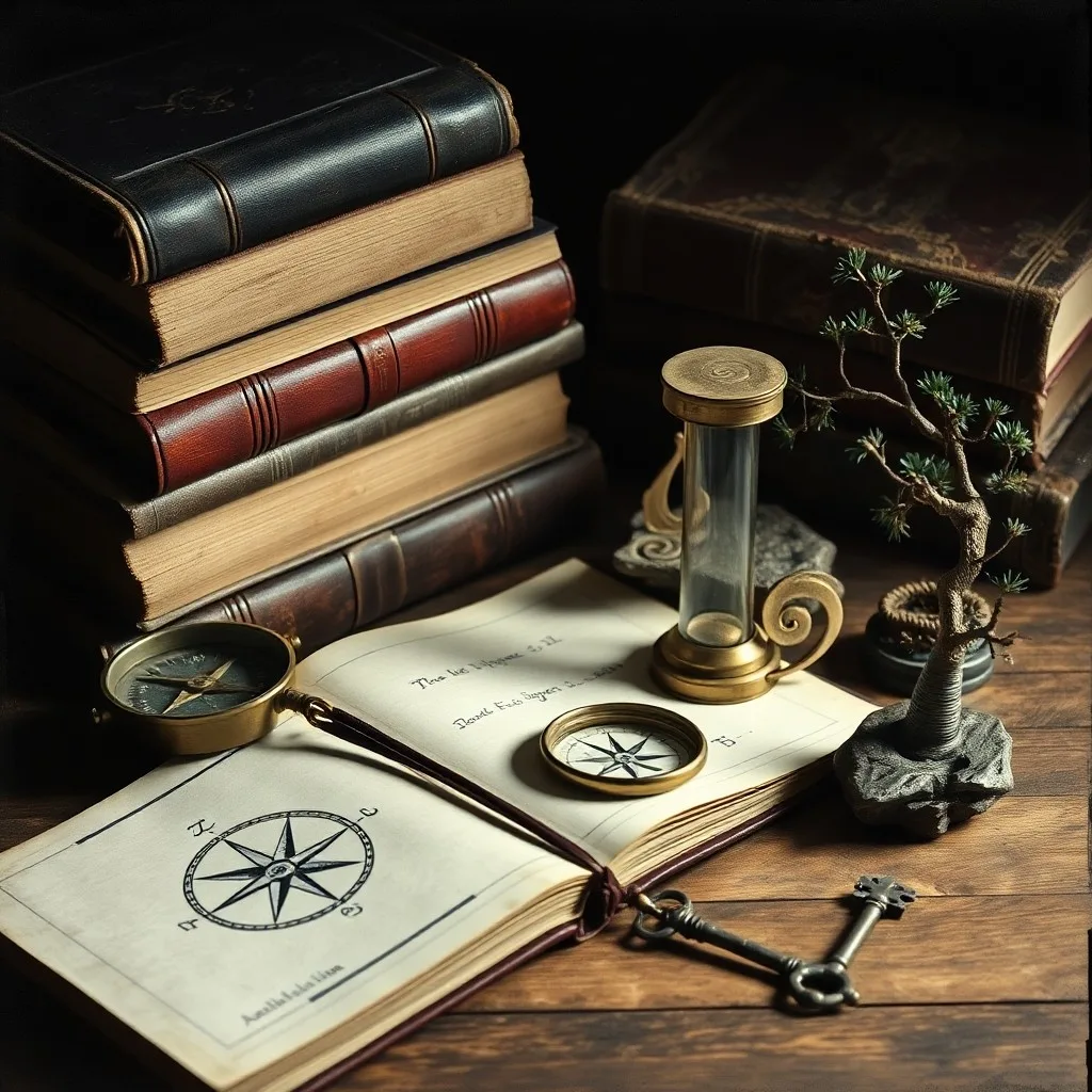 A stack of old, leather-bound ledgers and a heavy, ornate key resting on a dark, polished wooden desk. Dust motes dance in a single beam of light, symbolizing responsibility, limitations, and unlocking wisdom through karmic lessons.