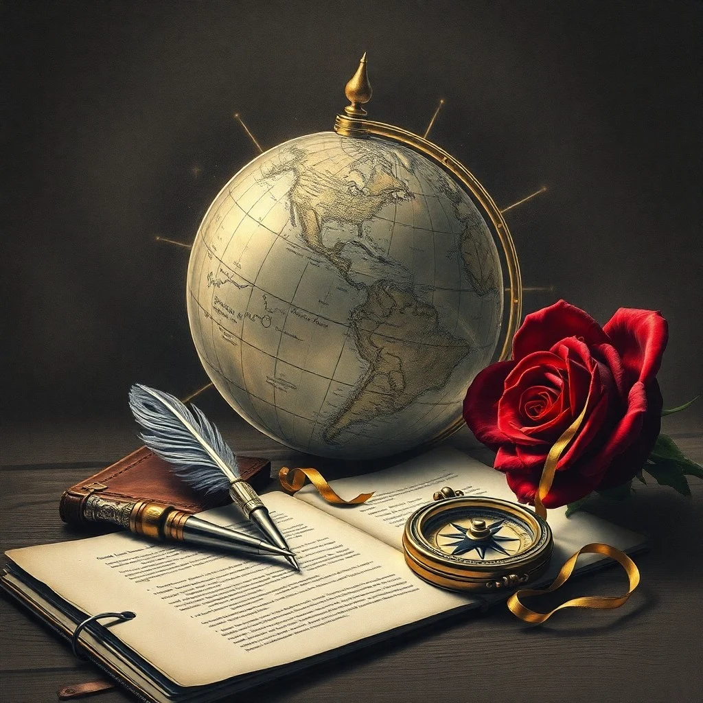A delicate watercolor painting of an open vintage atlas with subtle, translucent washes of color spreading across continents, symbolizing energetic overlays. Faint astrological symbols are hand-drawn on the map, with an antique compass and quill pen resting nearby.