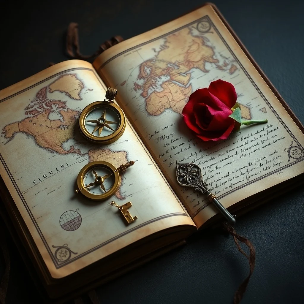 A cinematic still life of a polished wooden desk with a brass telescope pointing towards an unfurled star chart. An antique leather-bound journal with handwritten notes and astrological glyphs lies open. A flickering candle illuminates a small crystal ball reflecting a distant cityscape.
