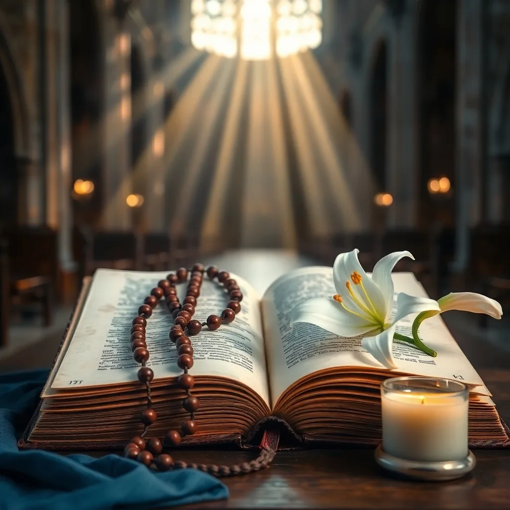 Rosario de madera antigua sobre una Biblia abierta con una vela encendida y un pétalo de rosa blanca.