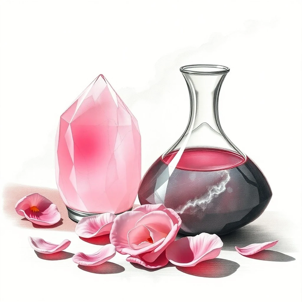 Altar antiguo de madera con pétalos de rosa secos, un cáliz de plata y un cuarzo rosa pulido, iluminado por velas.