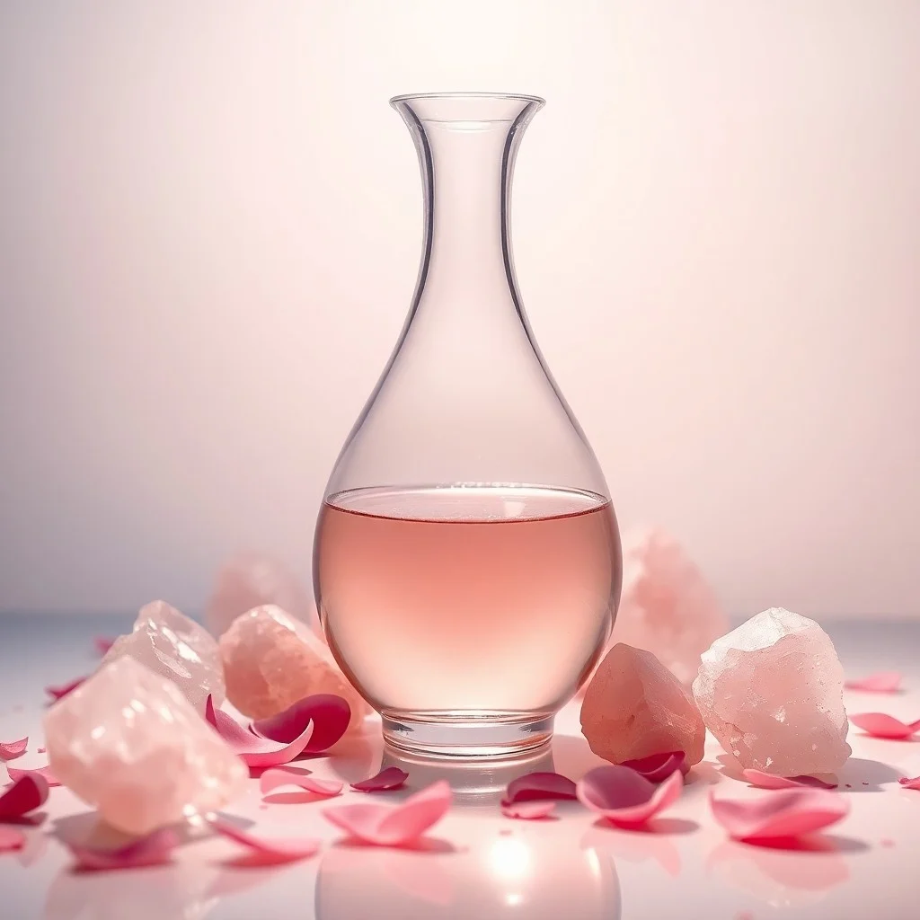 Pintura acuarela de un jardín sereno con rosas rosadas, un arroyo y una botella de vidrio sumergida, creando una atmósfera tranquila.