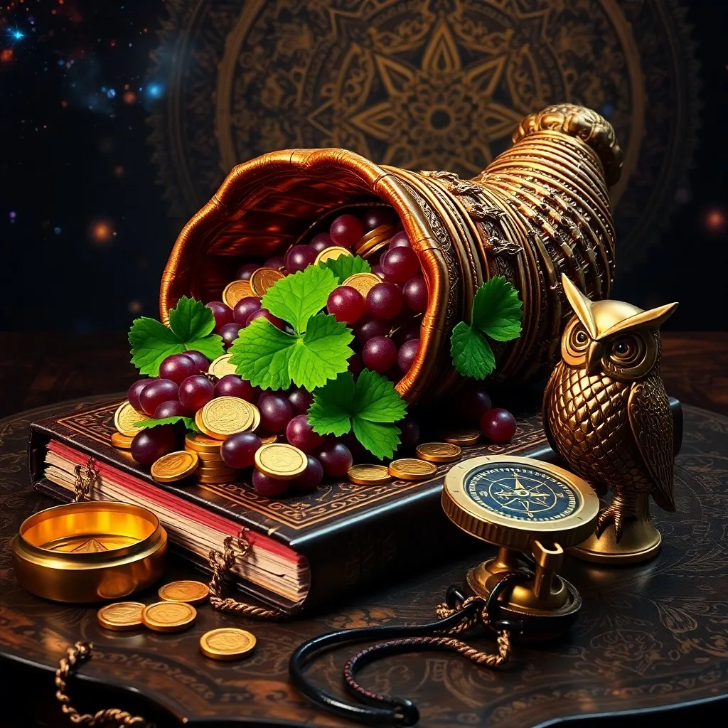 A vintage brass compass and an open, leather-bound book with intricate, glowing symbols, surrounded by scattered gold coins and lush, green ivy, under soft, warm light.