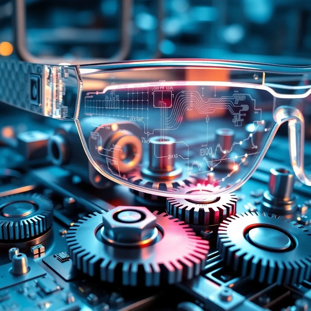 Mano de trabajador con guante inteligente interactuando con un holograma de diseño industrial.