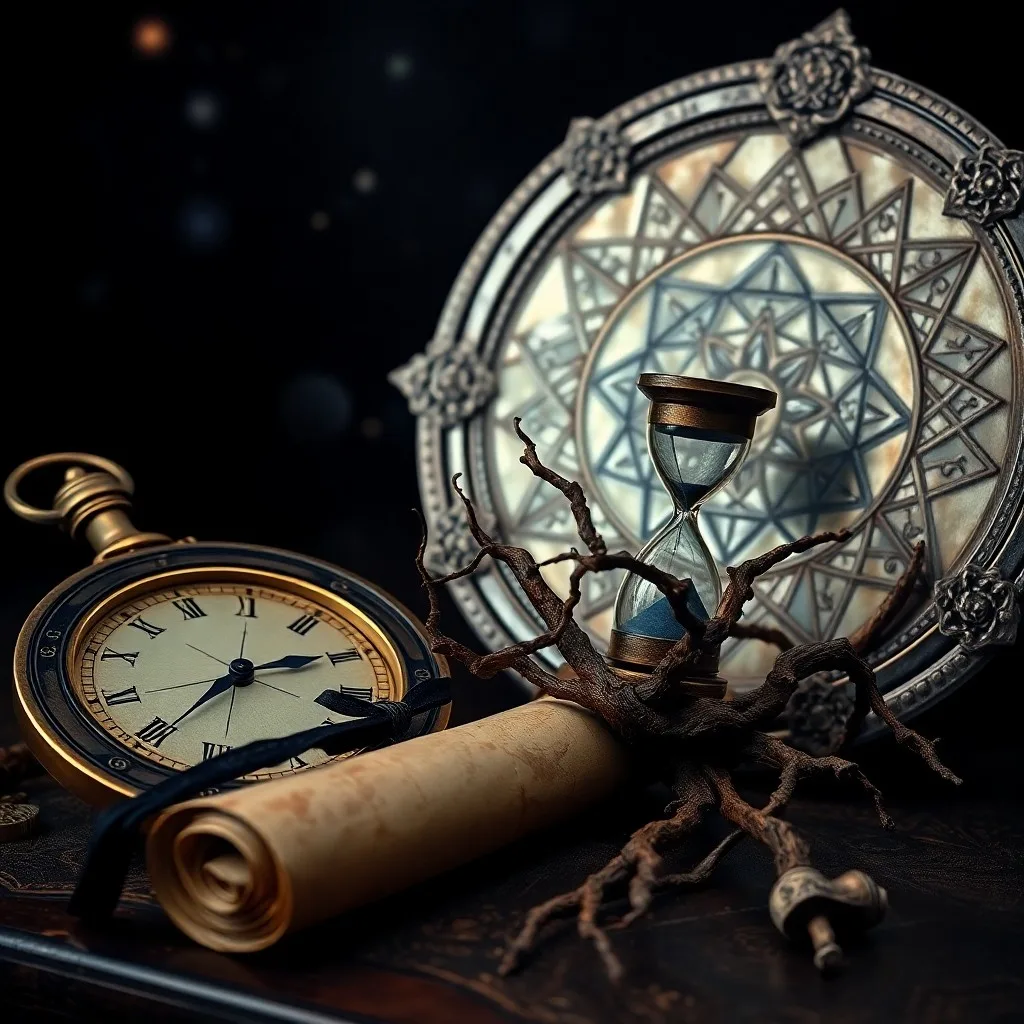 Fotografía cinematográfica de un antiguo diario de cuero abierto sobre un escritorio de madera, con una vela parpadeante y un compás de plata, creando una atmósfera introspectiva.