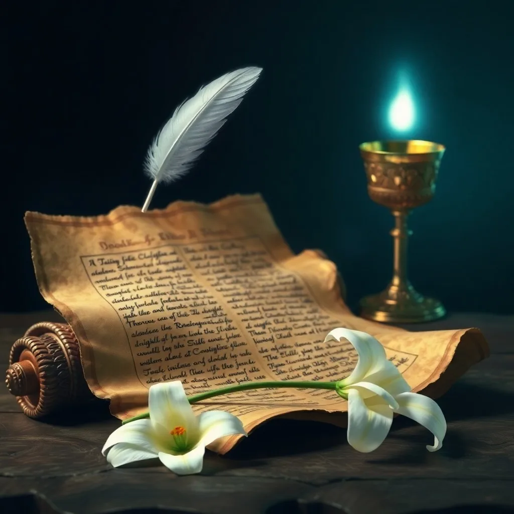 Fotografía de bodegón de una pluma de ave sobre una página de manuscrito antiguo con símbolos angelicales, iluminada por la suave luz de una vela, sobre una mesa de madera oscura.