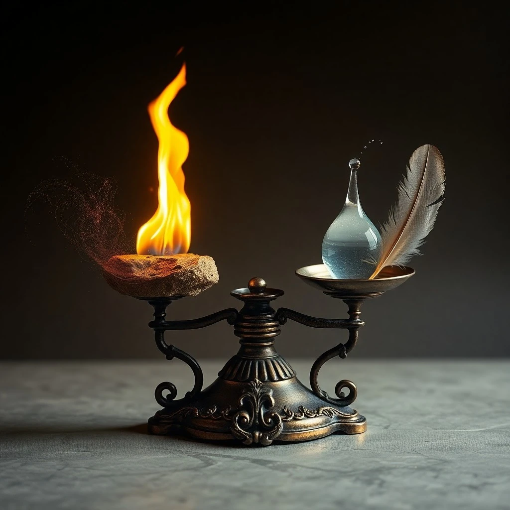 Fotografía de una balanza antigua de latón, perfectamente equilibrada, con una piedra de obsidiana pulida en un lado y un delicado cristal brillante en el otro. Iluminación suave y dramática.