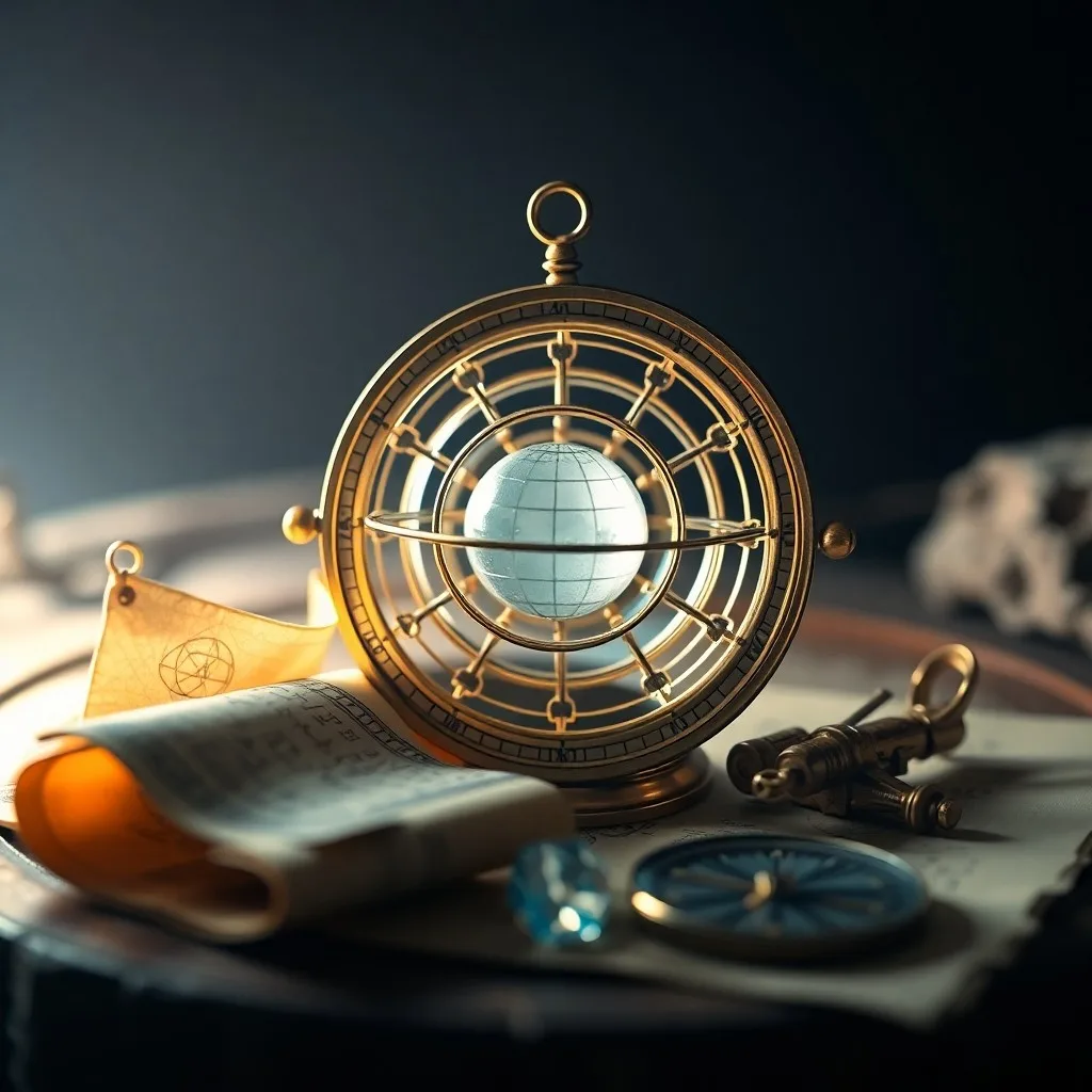 Cinematic still life featuring an antique brass telescope, an open leather journal with astrological symbols, and scattered vintage star charts.