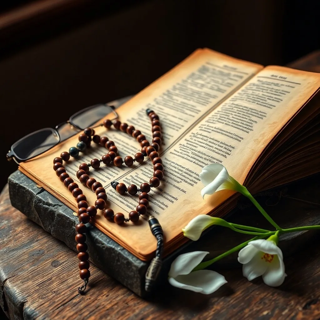 Un rosario antiguo sobre un libro de oraciones, iluminado por velas, simbolizando la contemplación espiritual