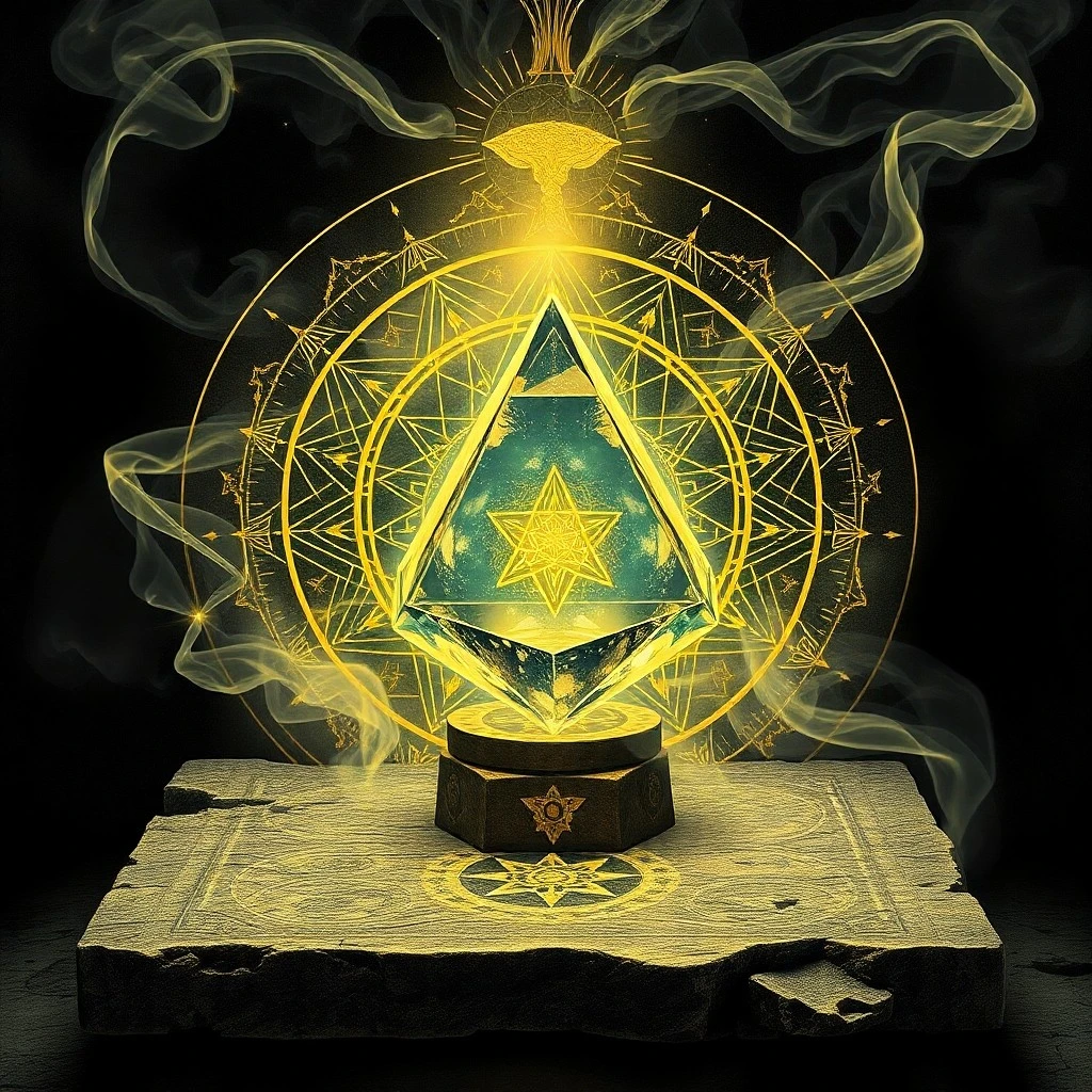Pergamino antiguo desenrollado sobre una mesa de madera, con patrones de geometría sagrada y símbolos ancestrales iluminados por una vela