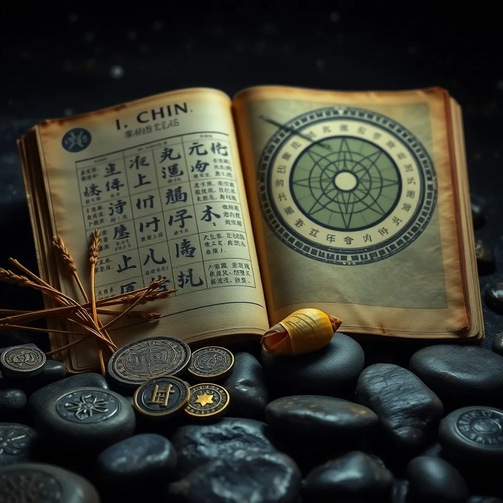 Fotografía macro de tres monedas chinas antiguas y tallos de milenrama sobre un paño de brocado de seda, con una iluminación suave y dramática.