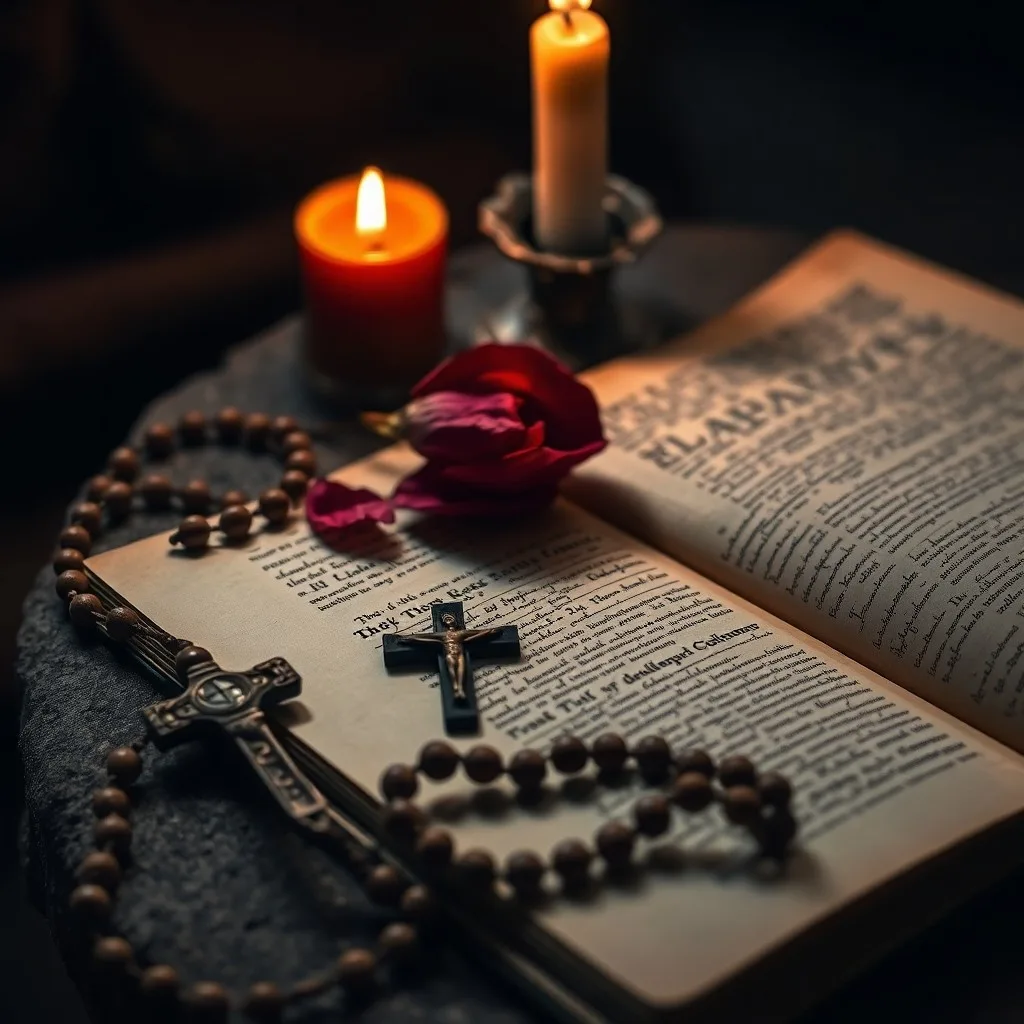 Una Biblia antigua y un rosario sobre una mesa de madera con una vela encendida