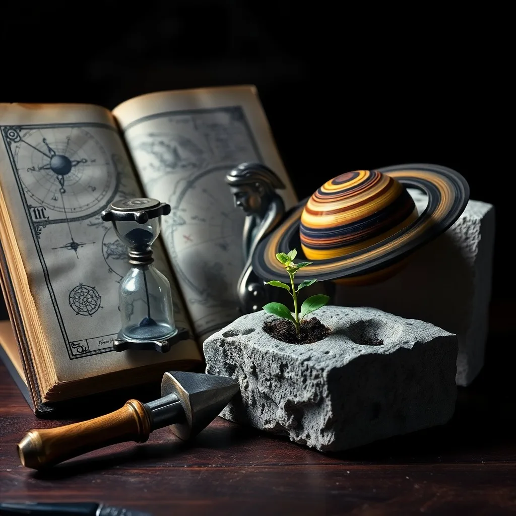 Cinematic still life of an antique hourglass on a stack of leather-bound books, with a polished obsidian stone reflecting light, symbolizing enduring wisdom and the passage of time.