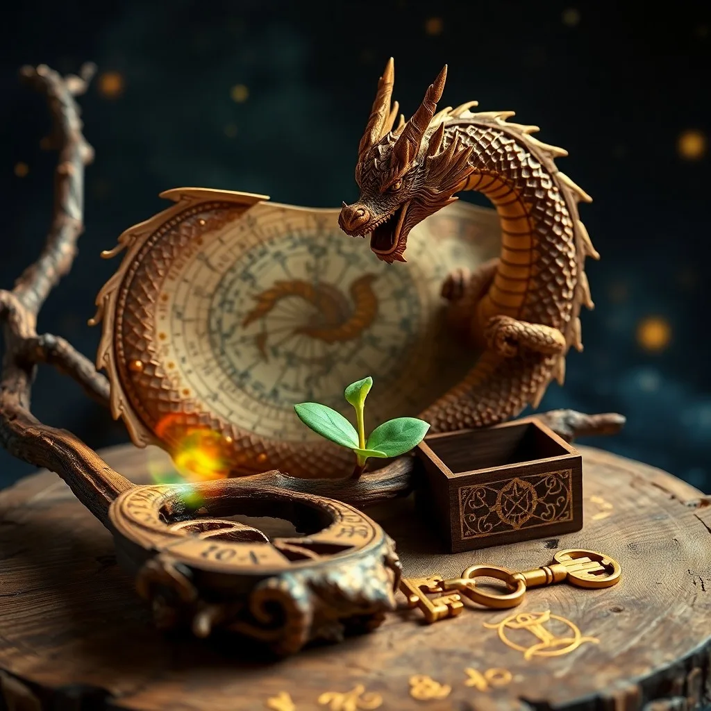 Grabado antiguo de un compás y pergaminos enrollados sobre un escritorio de madera, iluminado por una vela, simbolizando la sabiduría y la planificación estratégica.