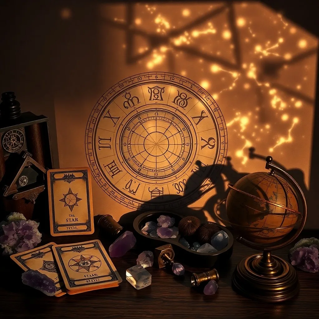 Pintura al óleo de un antiguo astrolabe sobre una mesa de madera oscura, rodeado de pergaminos con constelaciones y glifos planetarios, iluminado por la suave luz de una vela.