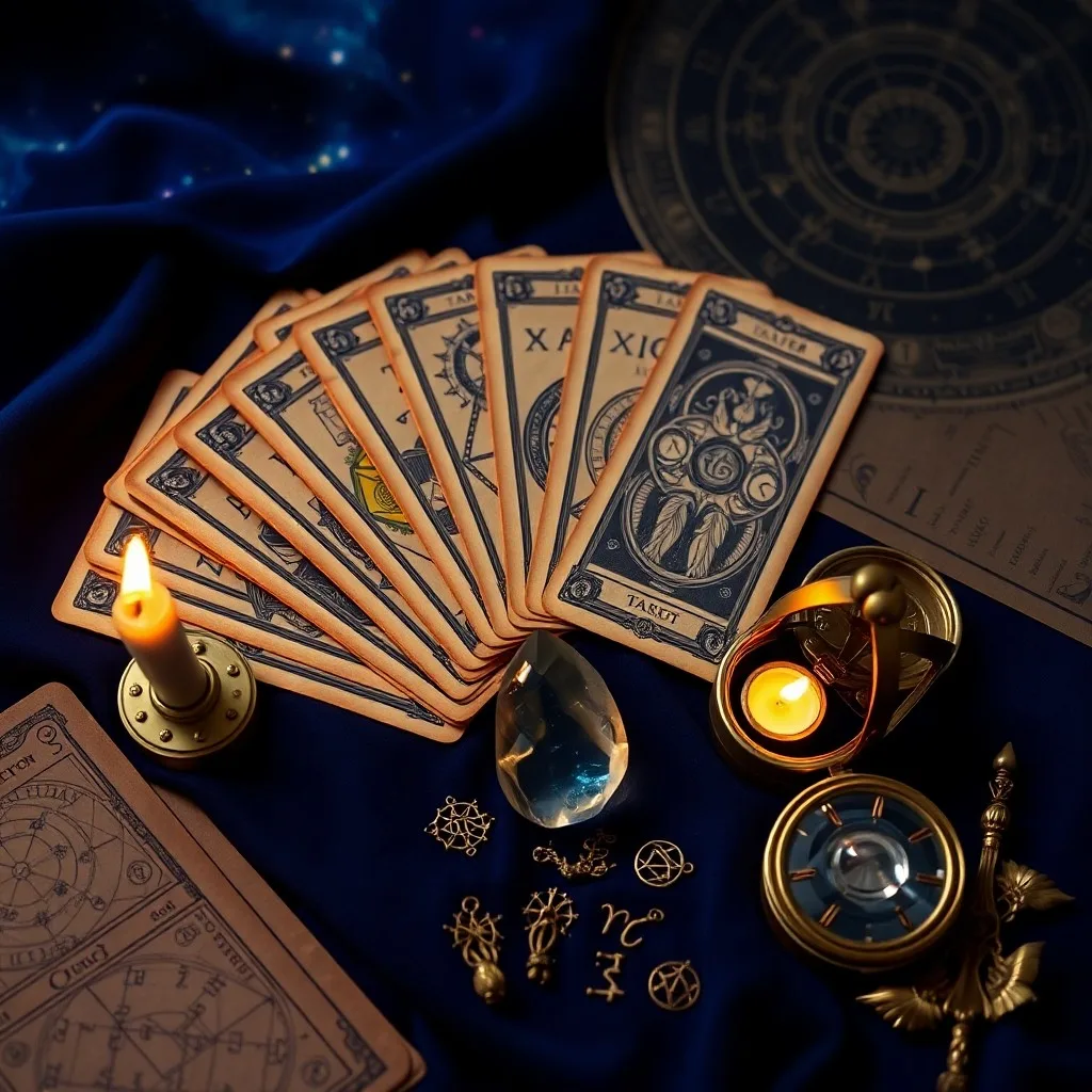 Bodegón cinematográfico de tres cartas de Tarot (El Loco, El Mago, La Suma Sacerdotisa) extendidas sobre un paño de terciopelo morado, con símbolos planetarios sutilmente bordados y un brillo místico.