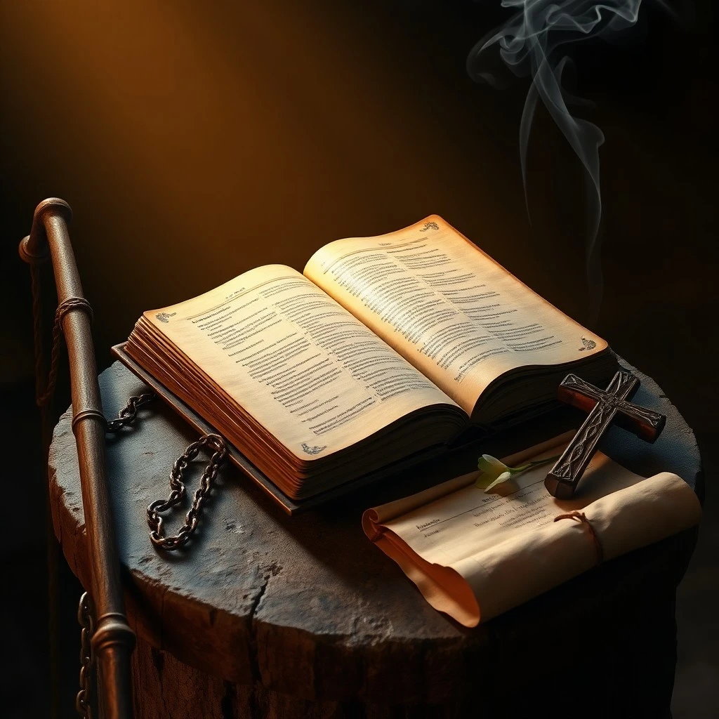 Pergamino envejecido con inscripciones latinas sobre un escritorio de madera rústica, iluminado por una vela parpadeante. Al lado, una cruz de madera sencilla y un rosario desgastado.