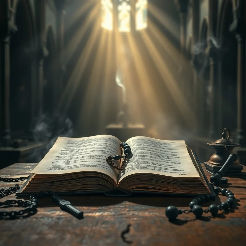 Biblia abierta sobre una superficie de piedra, con una luz suave y etérea emanando de sus páginas, proyectando sombras largas.
