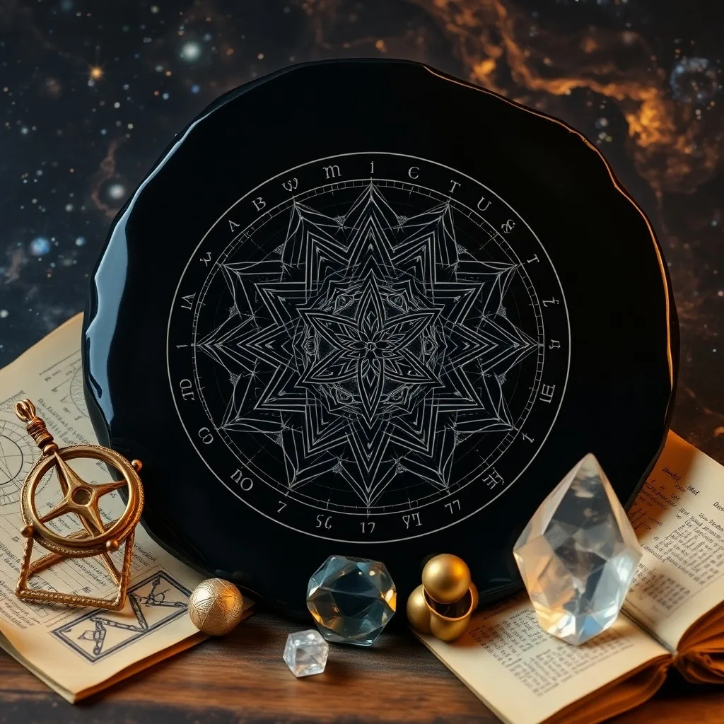 Antiguo astrolabe de latón sobre una mesa de madera, rodeado de diagramas de geometría sagrada y estrellas.