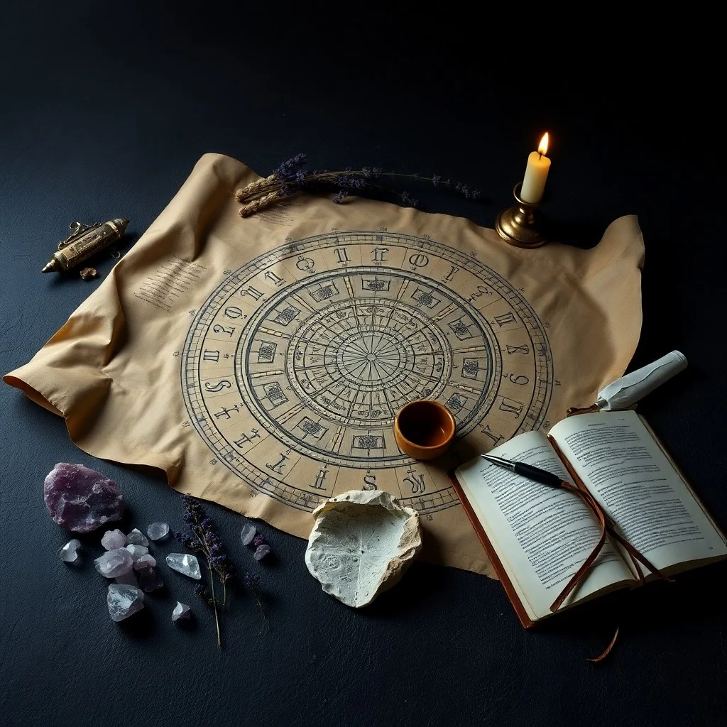 Ancient astrology book on a desk, moonlight, compass