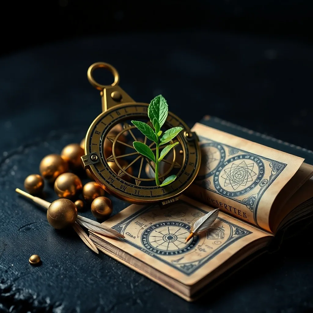 A vintage brass astrolabe resting on an ancient, leather-bound astrology book, illuminated by a single beam of moonlight filtering through a dusty window. Scattered around are old parchment scrolls with astrological charts and a quill pen.