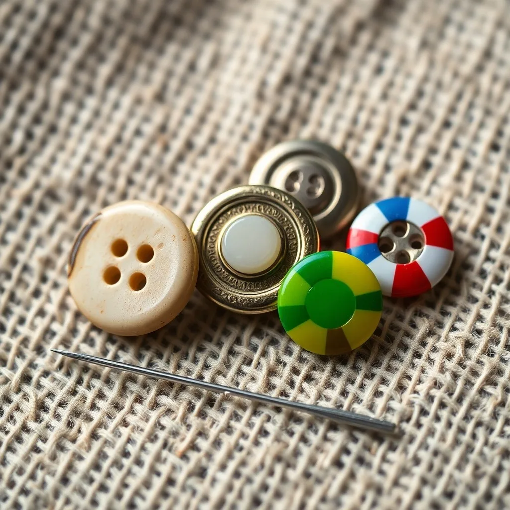 Naturaleza muerta cinematográfica de un antiguo escritorio de madera, tenuemente iluminado, con una colección de botones históricos hechos de hueso, concha y metales tempranos, esparcidos entre pergaminos envejecidos y una pluma de ave. Se enfoca en los detalles intrincados y las texturas de los botones y su contexto histórico.